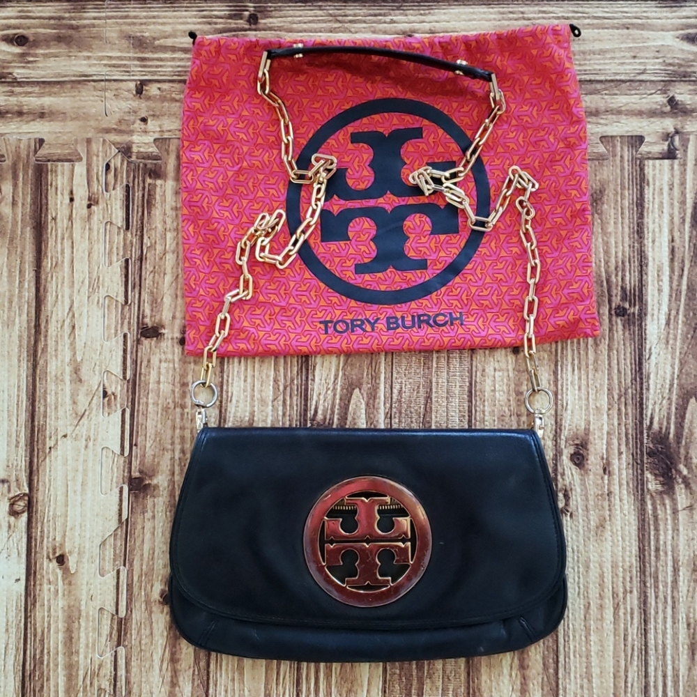 Tory Burch Clutch black small bag wit logo gold Chain strap & dust bag